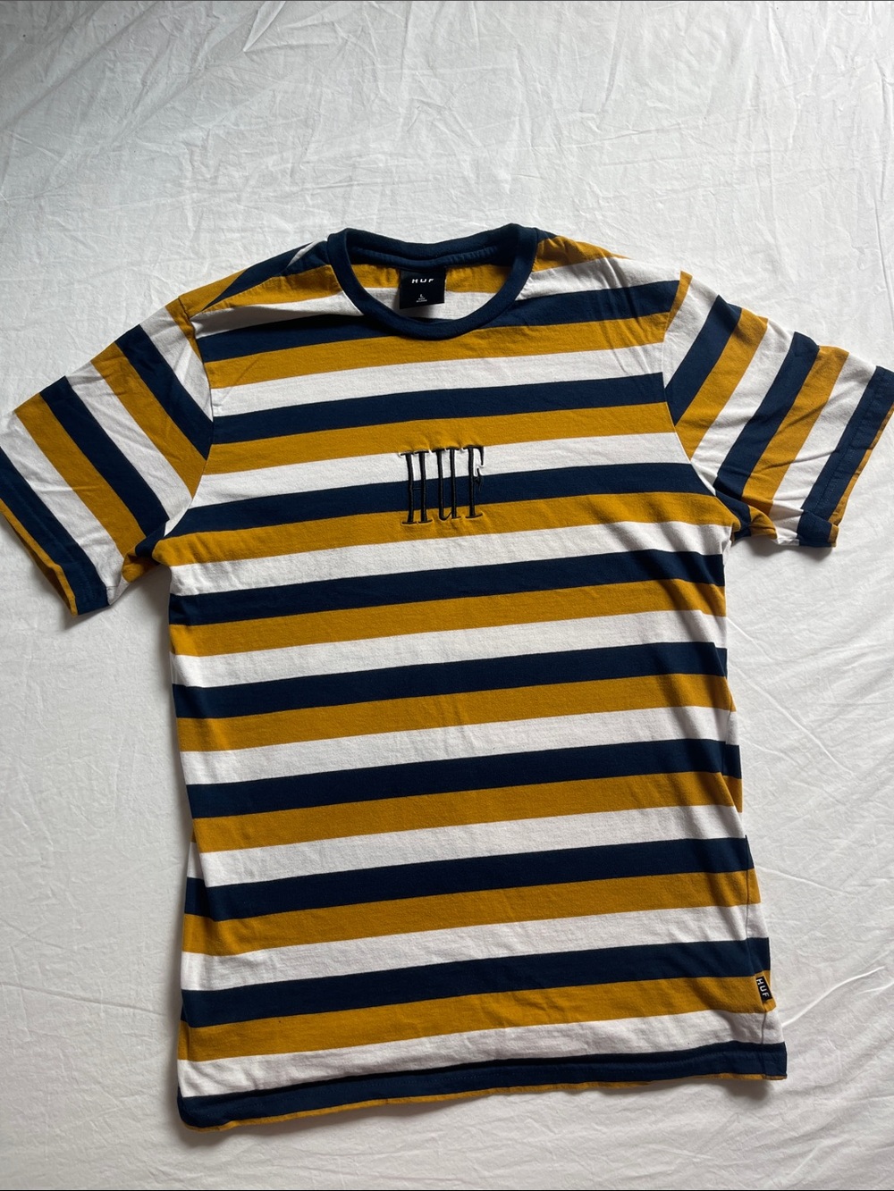 HUF Men's Striped Crew Tee — Navy, Mustard & White